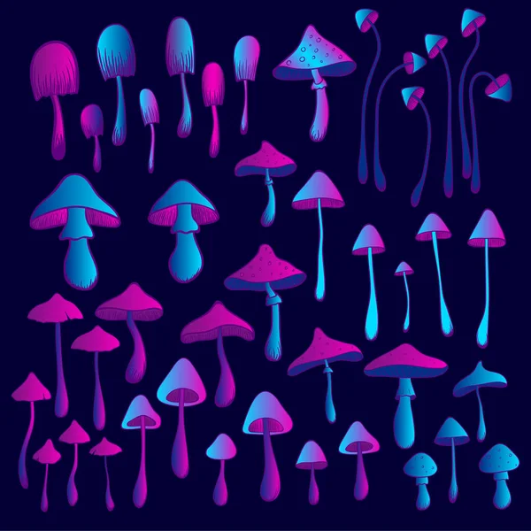 Una Raccolta Funghi Neon Disegnati Mano Isolati Sfondo Scuro Illustrazione — Vettoriale Stock