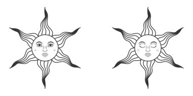 Ortaçağ tarzında beyaz arka planda izole edilmiş açık ve kapalı gözlü güneşler. Vektör illüstrasyonu
