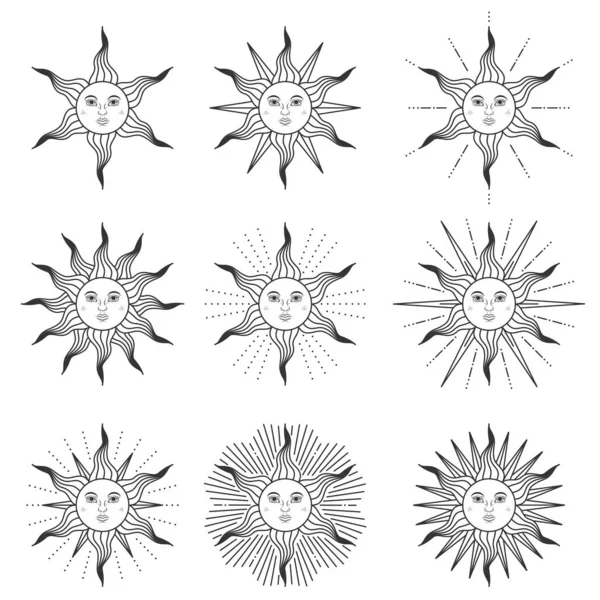 Colección Sol Con Caras Estilo Medieval Aisladas Sobre Fondo Blanco — Vector de stock