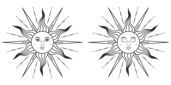 Par Sóis Com Olhos Abertos Fechados Estilo Medieval Isolados Sobre —  Vetores de Stock