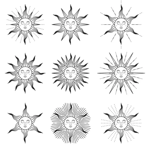 Colección Sol Con Ojos Cerrados Estilo Medieval Aislado Sobre Fondo — Vector de stock