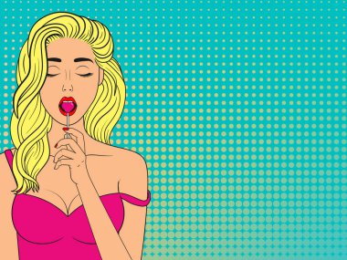 Kalp şeklinde lolipopu olan seksi sarışın kadın. Ağzını aç. Pop Art vintage vektör illüstrasyonu