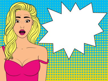 Konuşma baloncuğu olan şaşkın kadın. Komik kadın. Kadın yüzü. Pop Art vintage vektör illüstrasyonu
