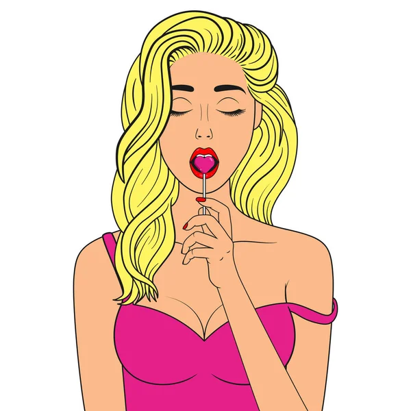 Sexy Blonde Vrouw Met Hartvormige Lolly Open Mond Vectorillustratie — Stockvector