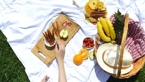 Picnic Park Grass Healthy Food Accessories Top View — Stock Photo, Image