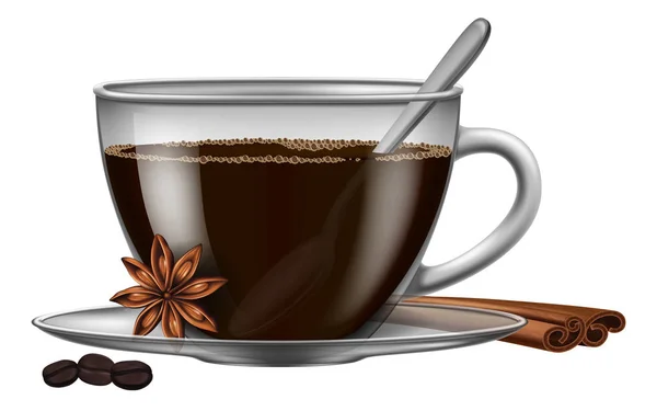 A cup of coffee with spices (star anise and cinnamon) and roasted coffee beans. Vector illustration.