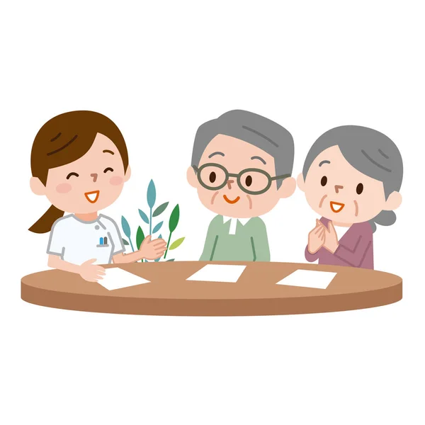Csinos Női Manager Biztosítási Feltételek Hogy Megmagyarázza Idősebb Házaspár — Stock Vector