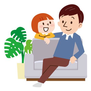 Evdeki neşeli aile kanepede oturuyor.