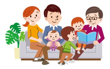 Evdeki neşeli aile kanepede oturuyor.