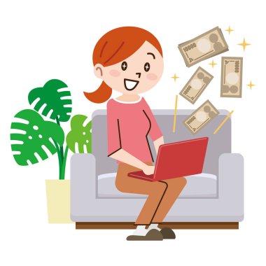 Dizüstü bilgisayar ve büyük online iş para genç kadın