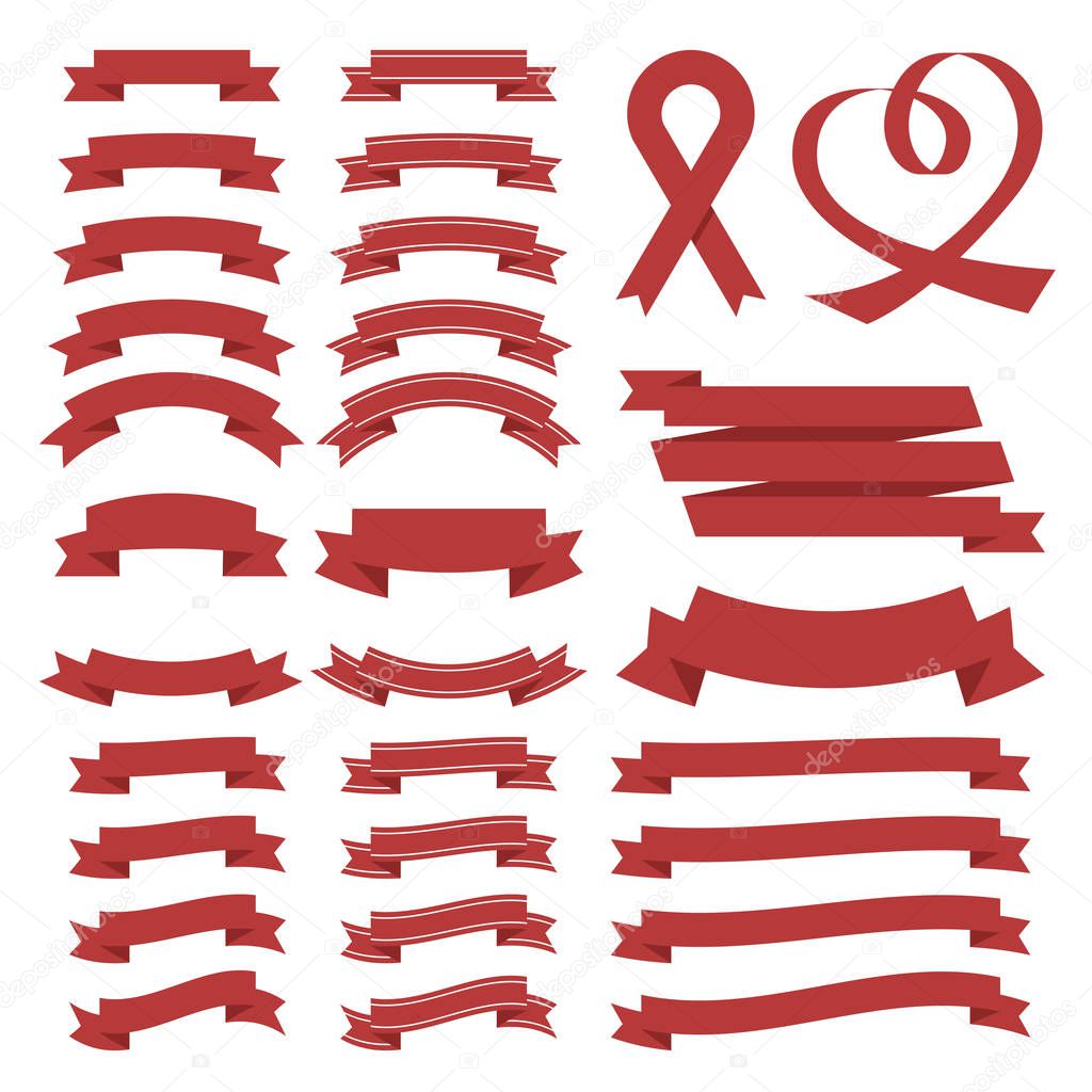 Set of Red Celebration Curved Ribbons Variations Isolated on White Background