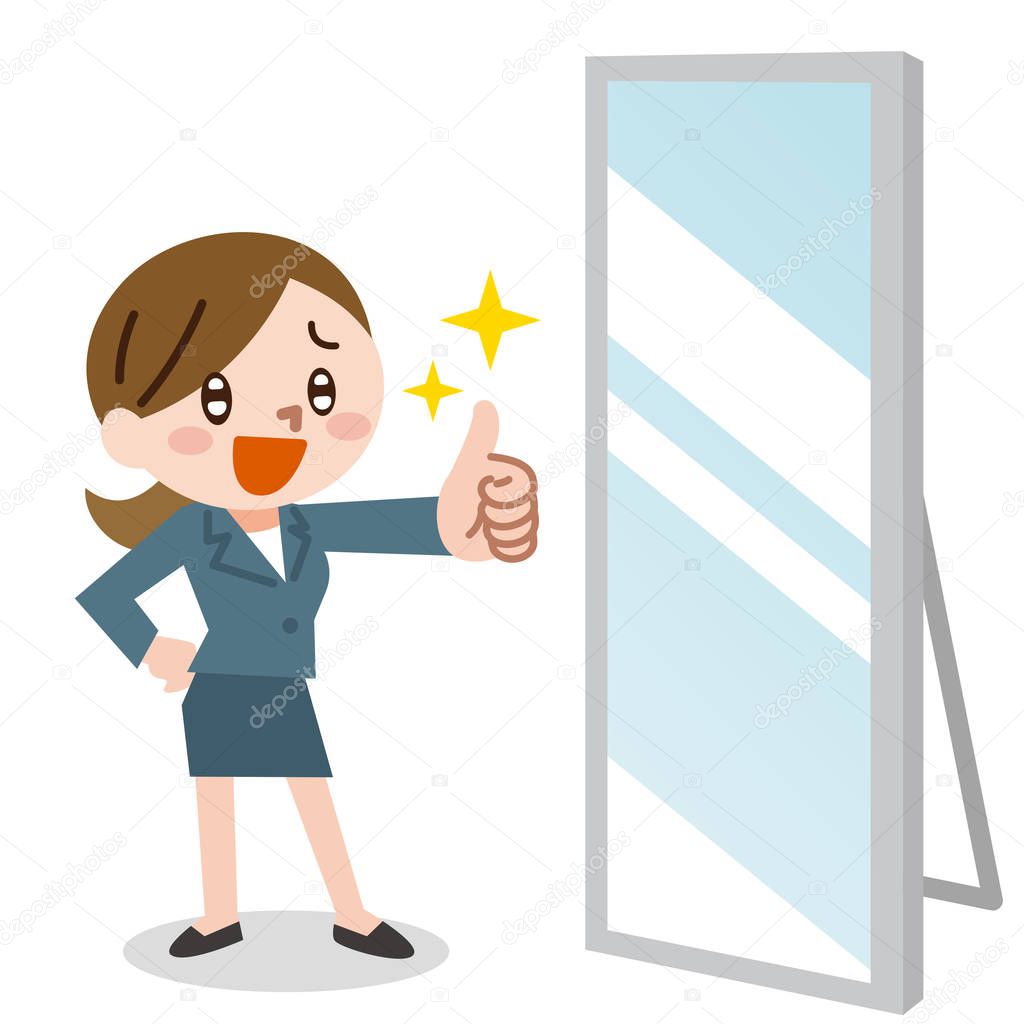 happy business woman shows thumb up and mirror