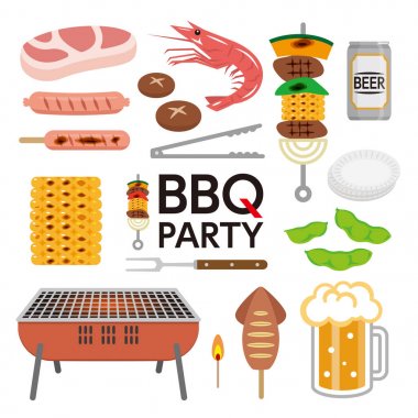 Beyaz arka planda izole Barbekü parti elemanları.