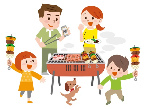 Familia de vacaciones teniendo barbacoa — Vector de stock