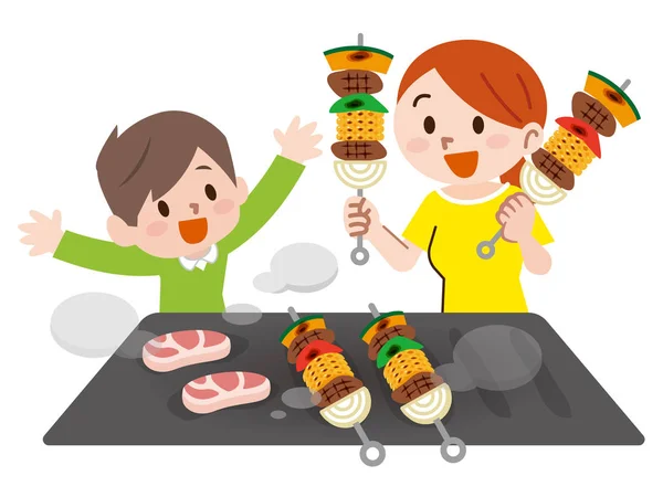 Família em férias tendo churrasco — Vetor de Stock
