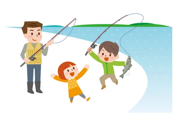 Счастливая семья с детьми рыбалка — стоковый вектор