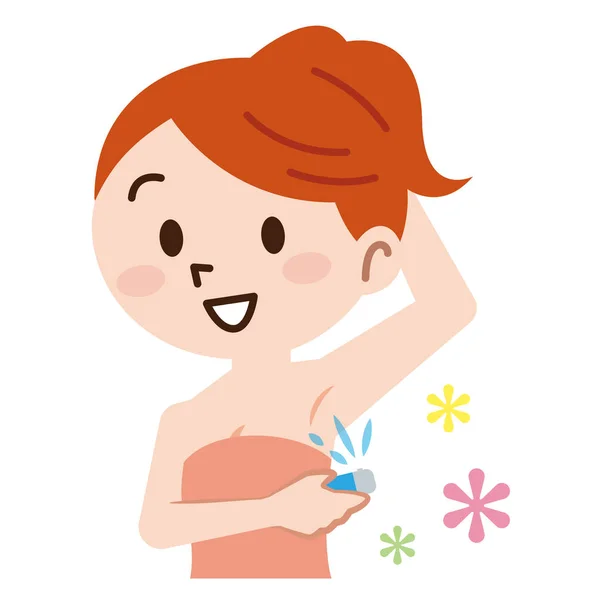 Jeune femme utilisant un déodorant sur fond blanc — Image vectorielle
