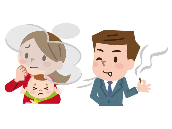 Selfish man is smoking cigarette near woman and baby. — Stock Vector