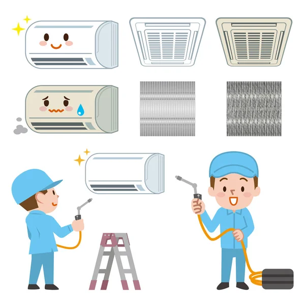 Male technician cleaning industrial air conditioner indoors — Stock Vector