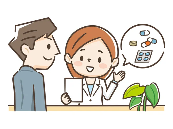 Pharmacie avec pharmacien et client au comptoir . — Image vectorielle