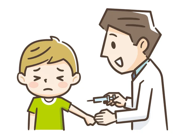 Доктор вакцинує маленького хлопчика ізольовано на білому тлі — стоковий вектор