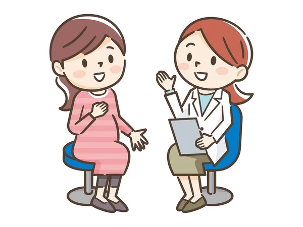 Lycklig gravid kvinna besök gynekolog läkare på sjukhus eller mig — Stock vektor
