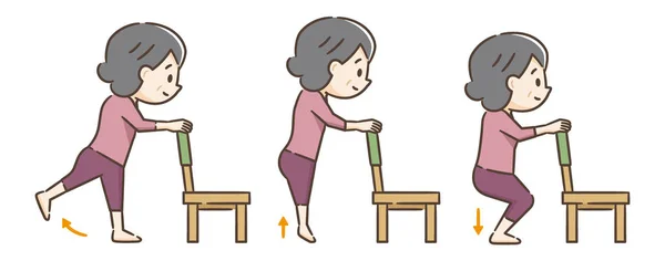 Mujer mayor haciendo ejercicio con una silla — Vector de stock