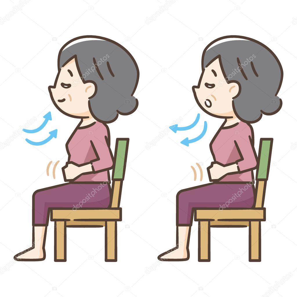 Senior woman sitting in a chair and taking a deep breath