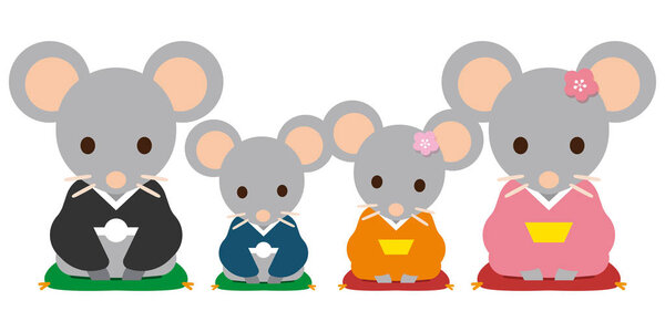 Personified rat family dressed in traditional Japanese kimono, i