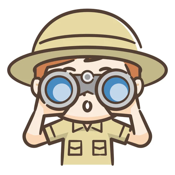 Adventurer boy peeking through binoculars — Stock Vector