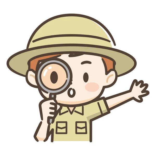 Illustration of a cute boy of adventurer,Peek with loupe — Stock Vector