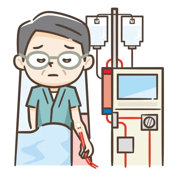 Illustration of senior man undergoing dialysis — Stock Vector