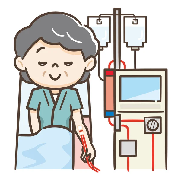 Illustration of a senior woman undergoing hemodialysis — Stock Vector