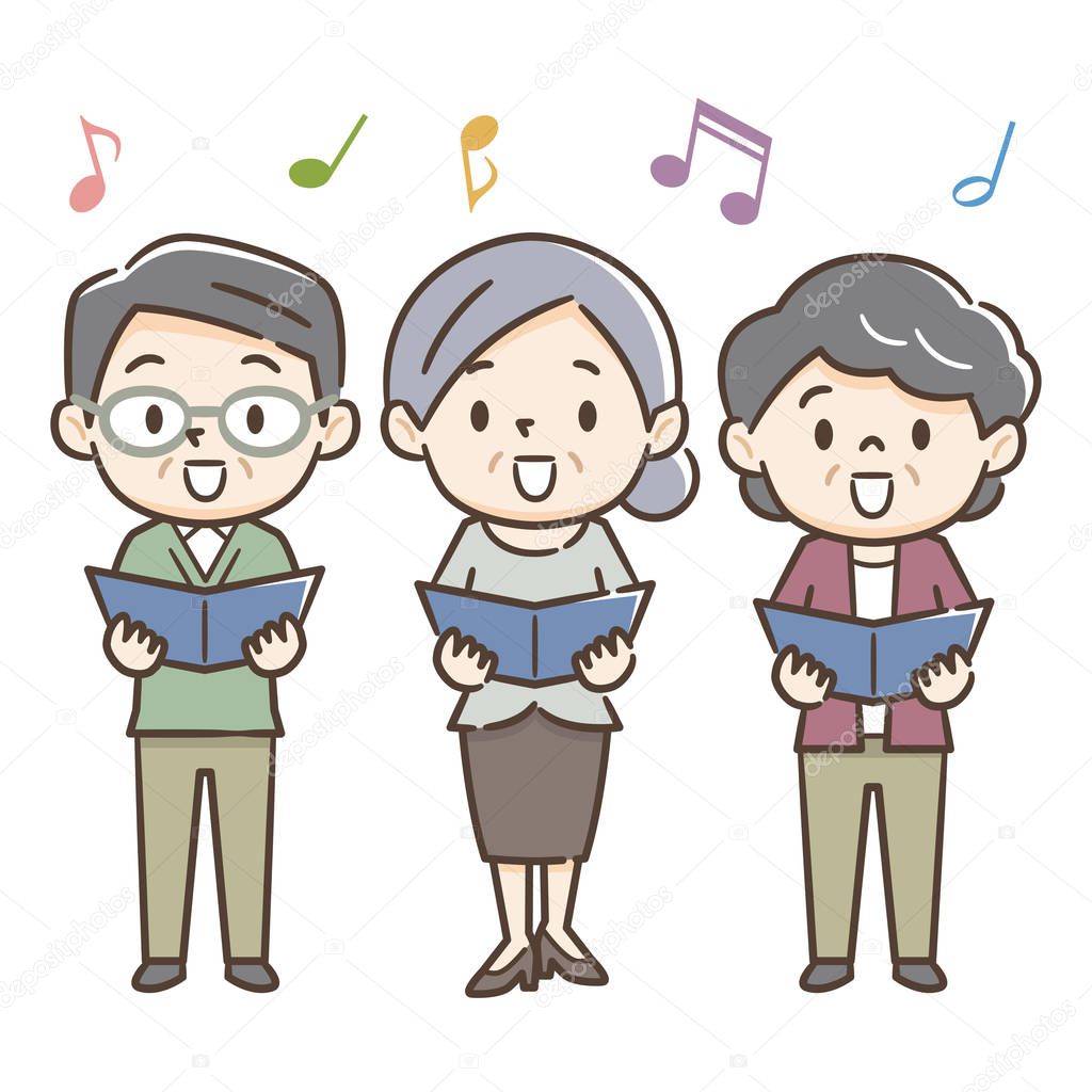 Happy senior adults singing from song books