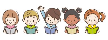 Kitap okuyan sevimli çocuklar. Vektör çizimi.