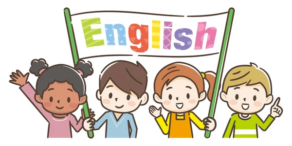 Niños levantando una bandera escrita en inglés — Vector de stock