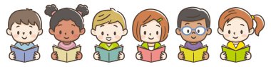 Kitap okuyan sevimli çocuklar. Vektör çizimi.