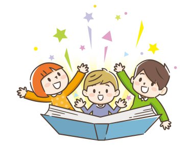 Kitap okuyan sevimli çocuklar. Vektör çizimi.