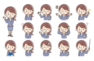 Genç kadının 13 farklı pozlar karakter seti