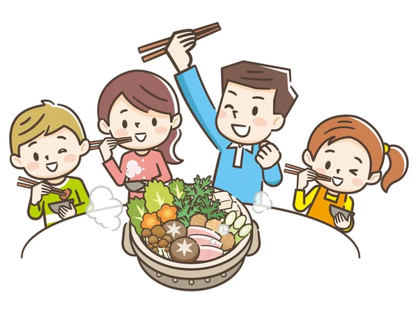 Ilustración de una familia sonriente comiendo una sartén — Vector de stock