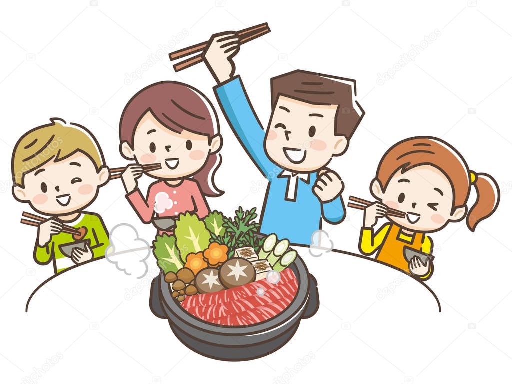 Illustration of a smiling family eating sukiyaki
