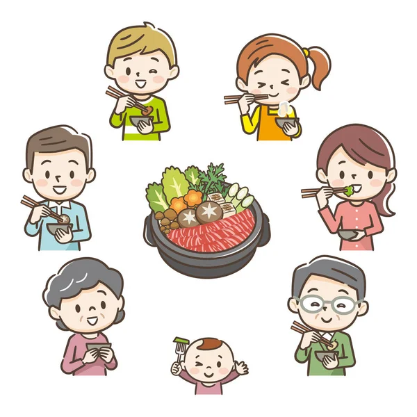Illustration of a smiling family eating sukiyaki — Stock Vector