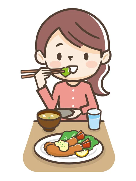 Illustration of a woman eating shrimp fly — Stock Vector