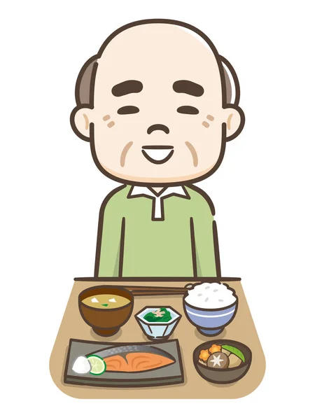 Illustrasjon av seniormann som spiser japansk mat – stockvektor