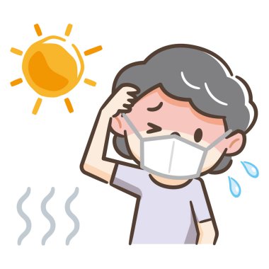 Illustration of an elderly woman with a heat stroke wearing a mask clipart