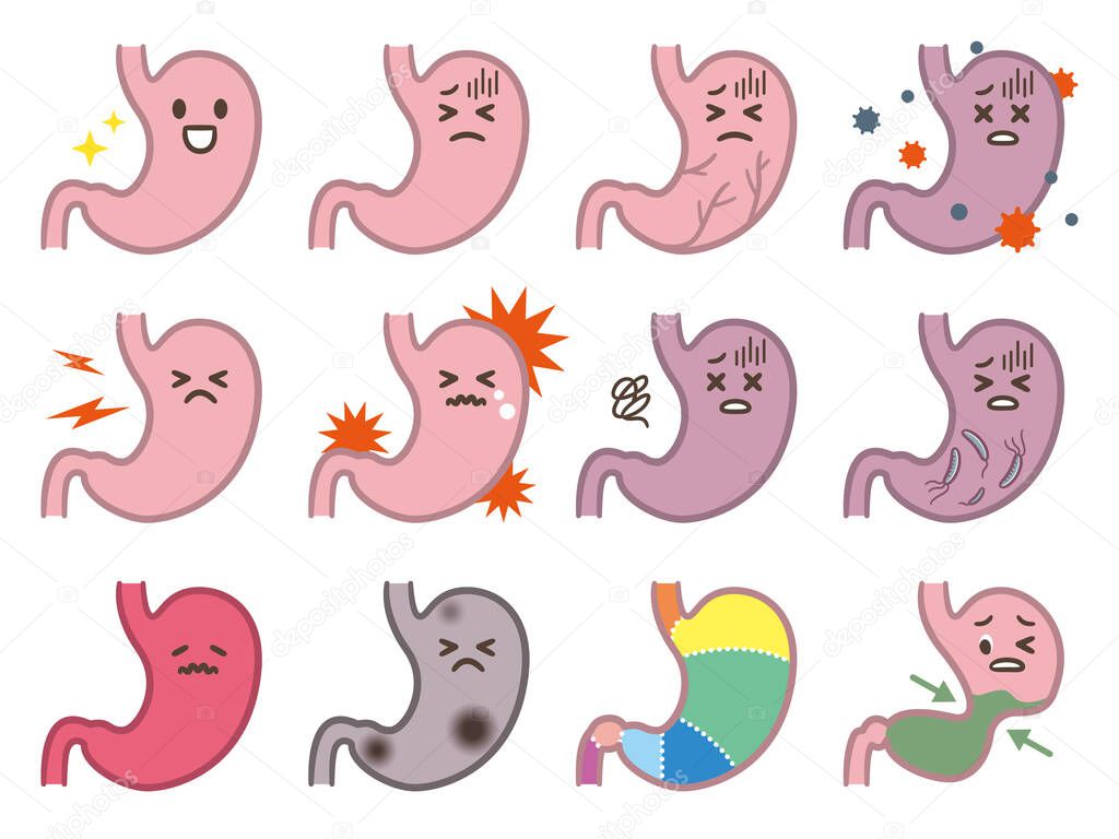 Sad sick cry and healthy strong happy smiling cute stomach character. Vector flat cartoon kawaii illustration icon design. Isolated on white backgound. Stomach,stomachache, pain,sick,ache concept