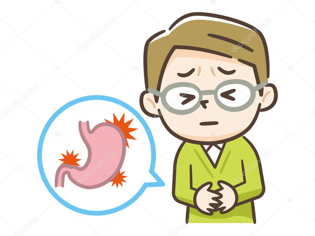 Sad sick young man with food poisoning stomach character. Vector flat cartoon illustration icon design. Isolated on white background. Digestive tract, stomach, stomachache, pain,sick,ache concept