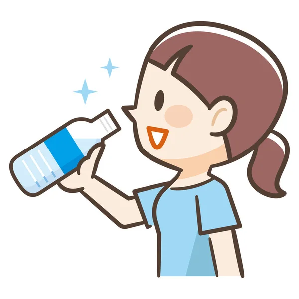 Mujer Joven Bebiendo Botella Agua Plástico — Vector de stock