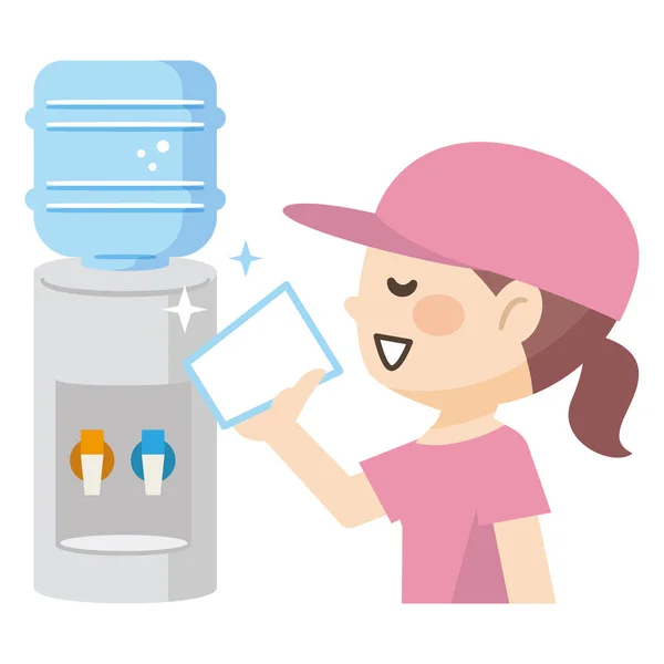 Mujer Joven Bebiendo Agua Limpia Fresca Refrigerador Vector Illustration — Vector de stock