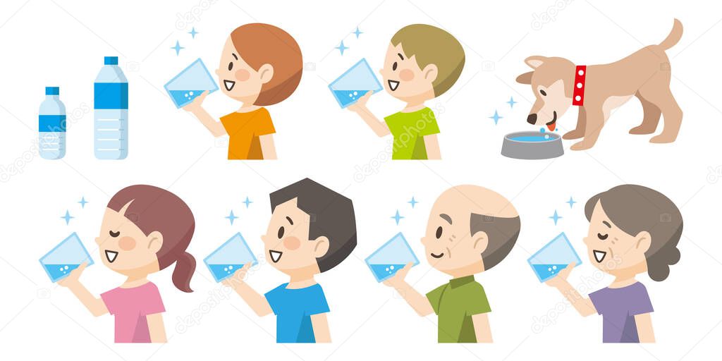 Illustration of people and dogs drinking water